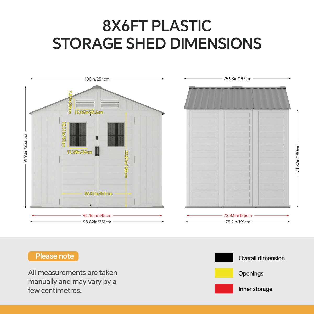 8 x 6 ft Plastic Garden Storage Shed with Apex Roof & Double Doors