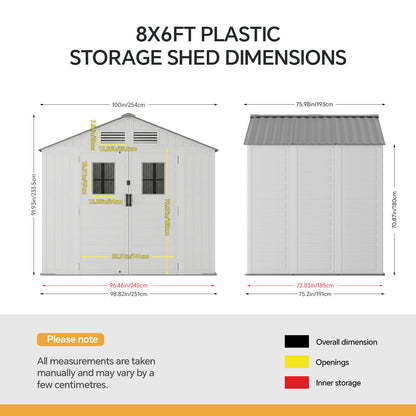 8 x 6 ft Plastic Garden Storage Shed with Apex Roof & Double Doors