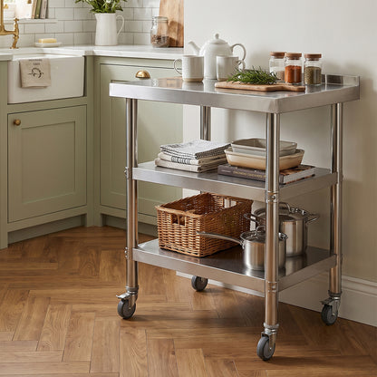 3-Tier Stainless Steel Prep Table with Smooth Castors and Adjustable Feet