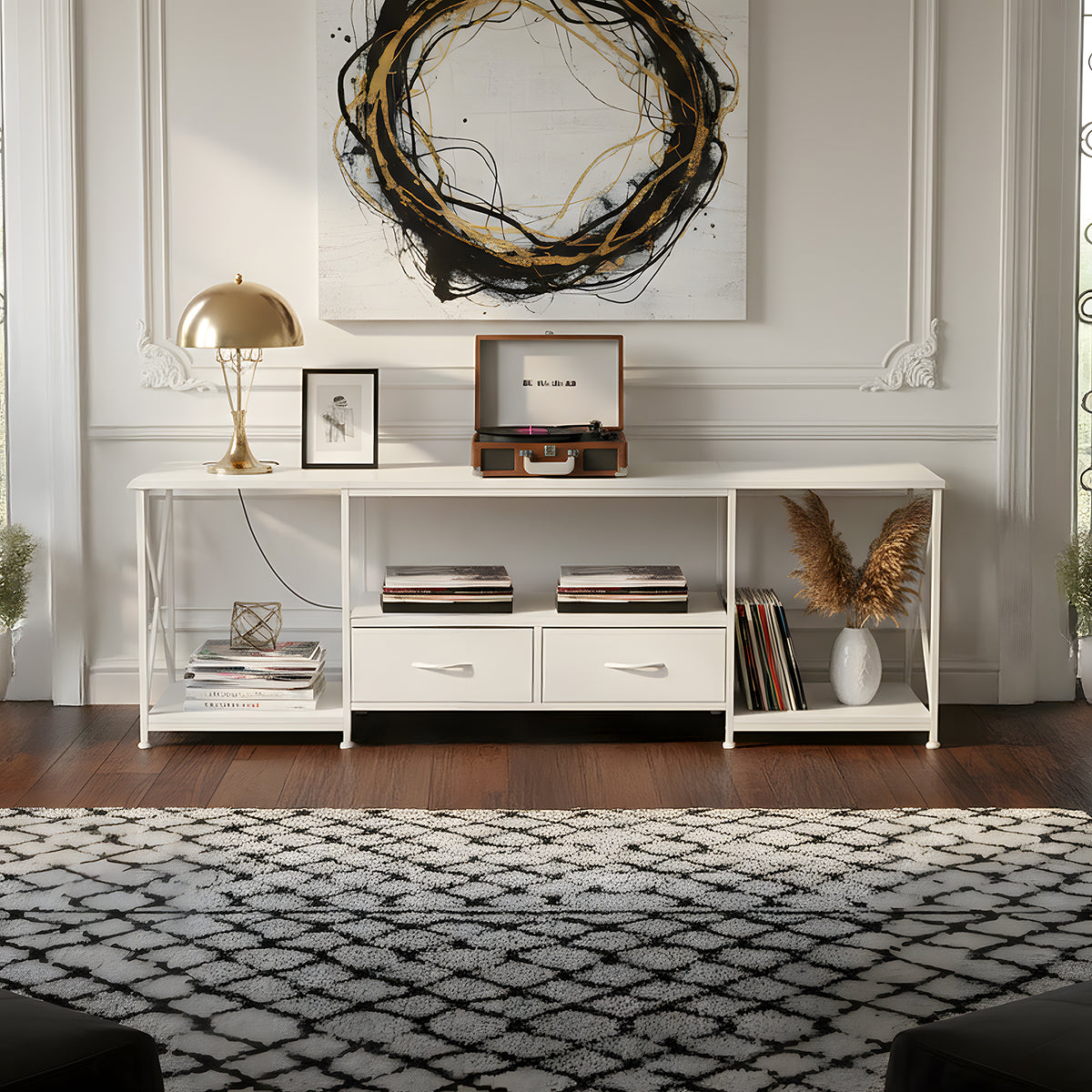 160cm White TV Stand with 2 Fabric Drawers & Open Shelves