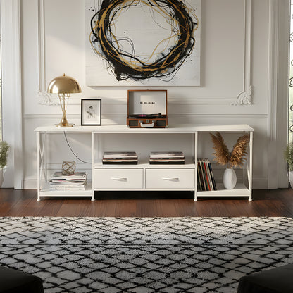 160cm White TV Stand with 2 Fabric Drawers & Open Shelves