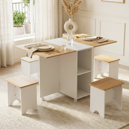 Drop Leaf Dining Table Set with 4 Stools