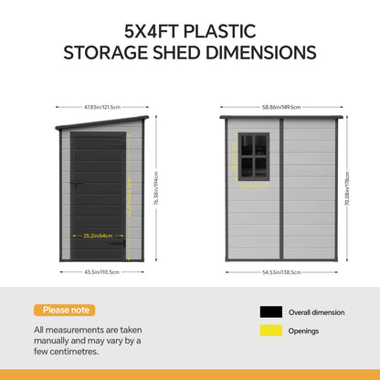 5x4 FT Pent Roof Garden Plastic Storage Shed