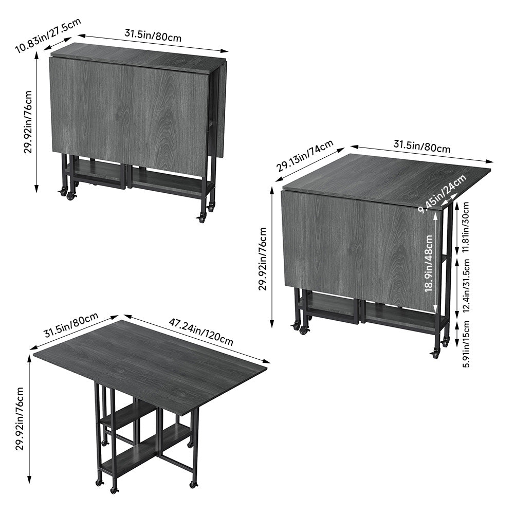 Folding Dining Table with Wheels and Storage Shelves