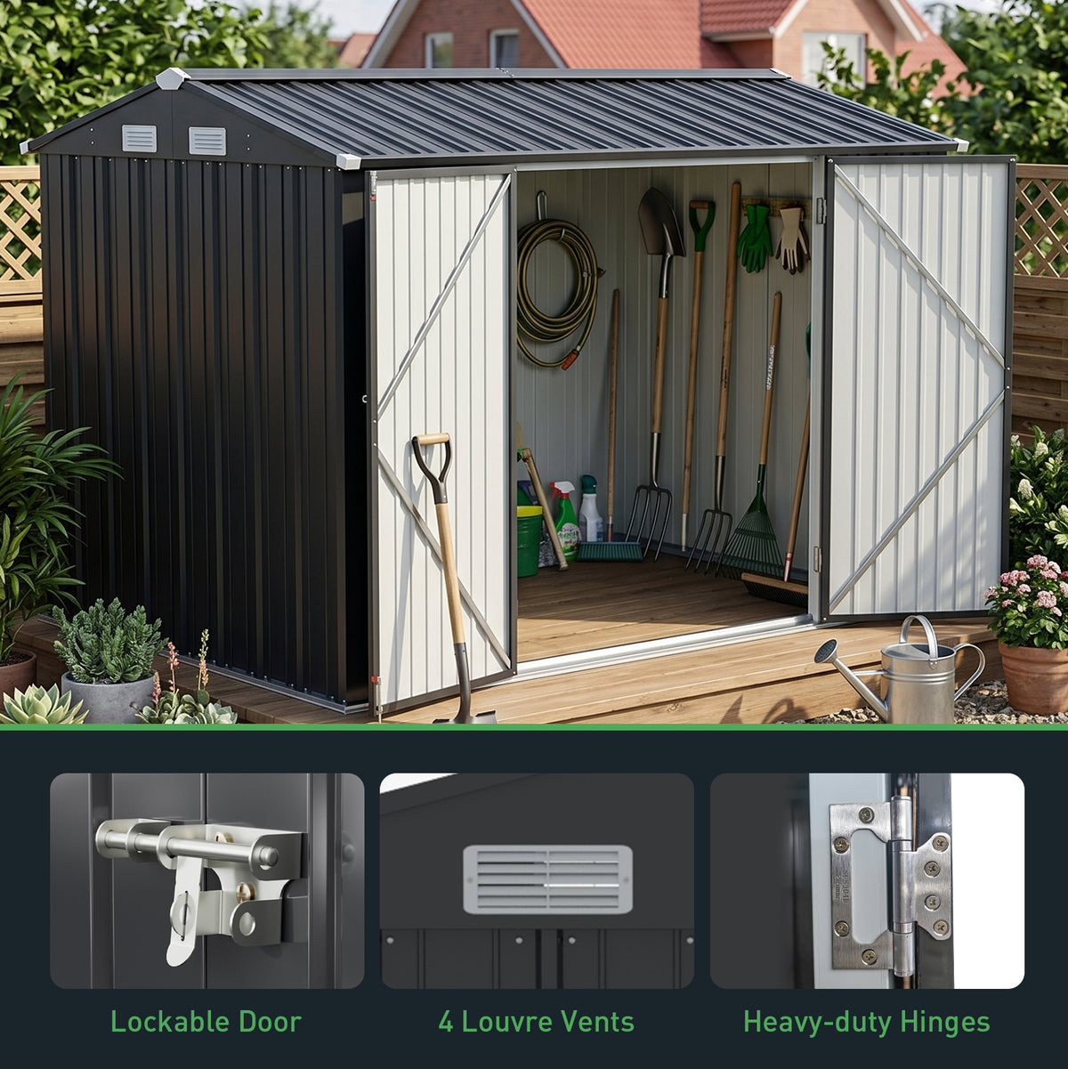 10 x 7 ft Metal Garden Storage Shed with Apex Roof & Double Doors