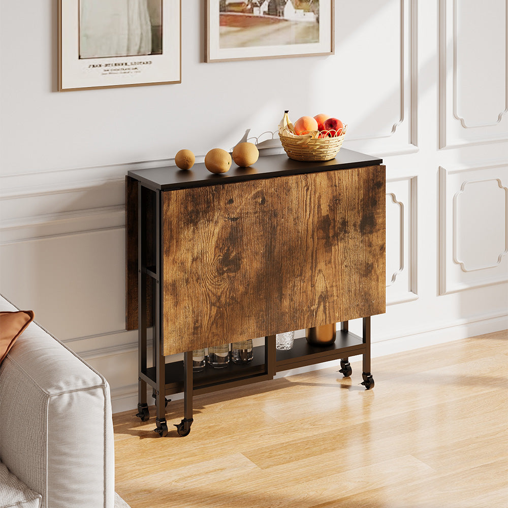 Folding Dining Table with Wheels and Storage Shelves