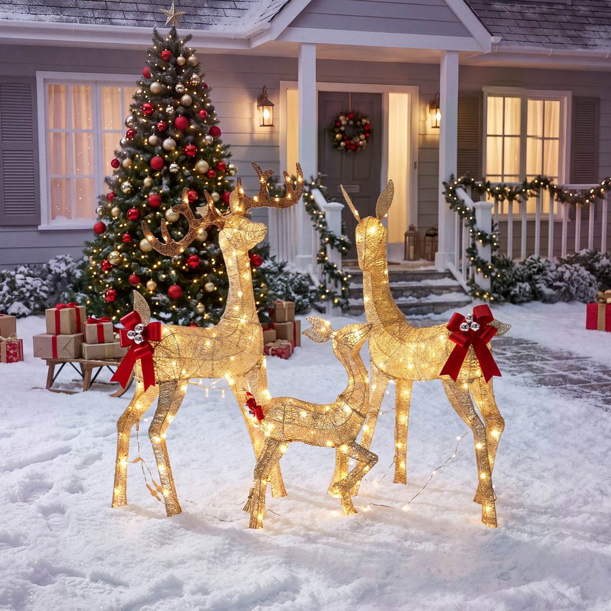 3-Piece Christmas Champagne Lighted Reindeer Family Set