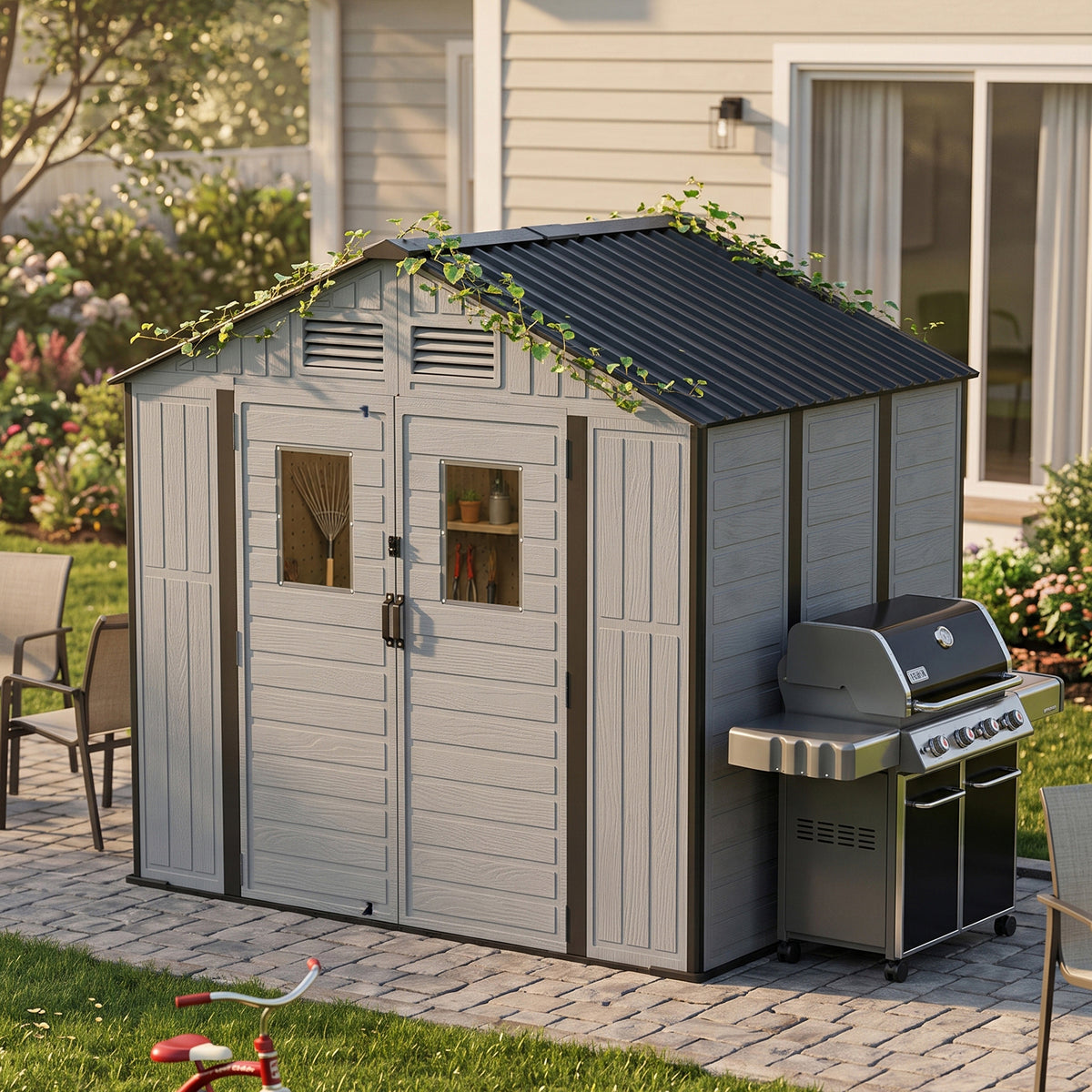 8 x 6 ft Plastic Garden Storage Shed with Apex Roof & Double Doors