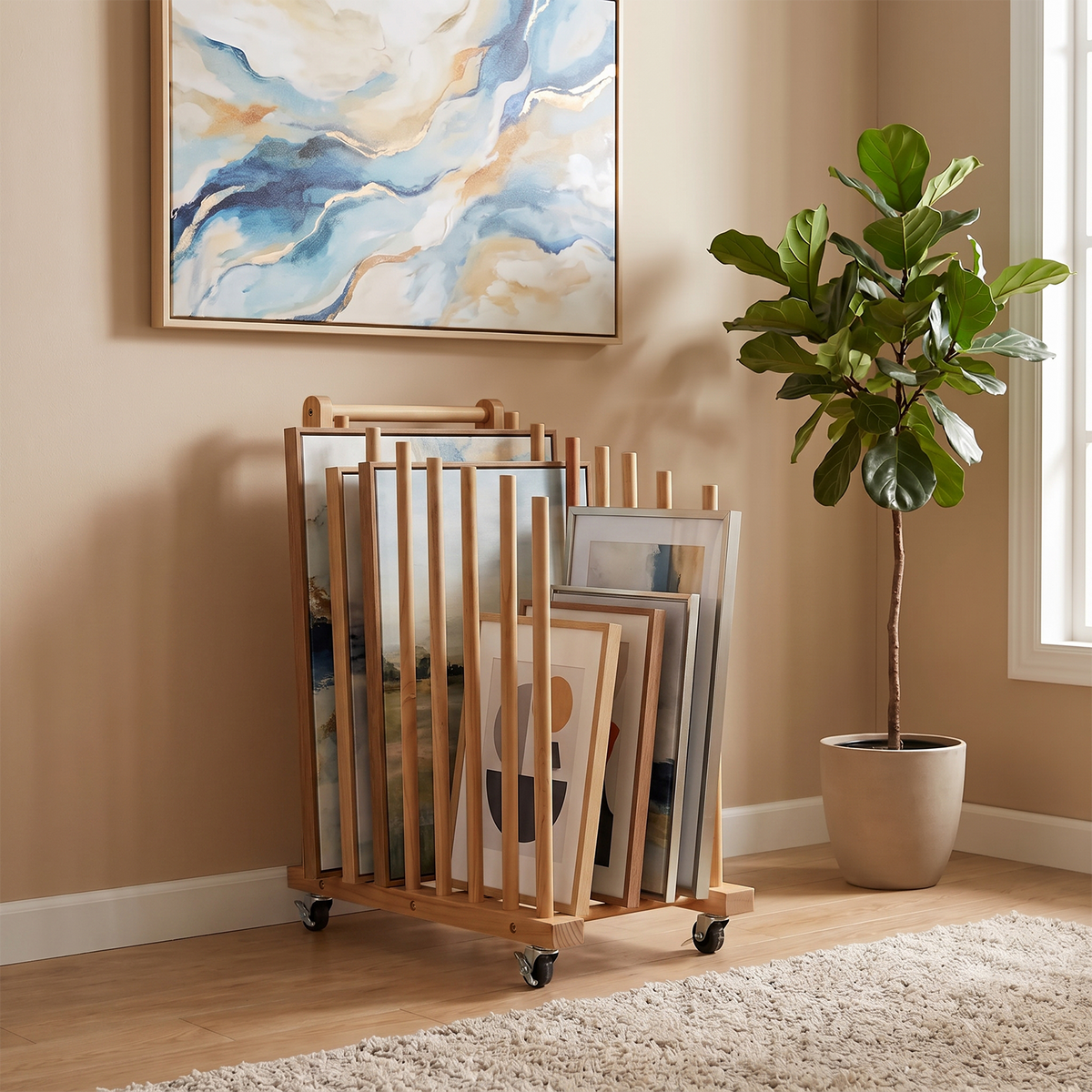 7 Slots Wooden Canvas Art Storage Rack with Castors
