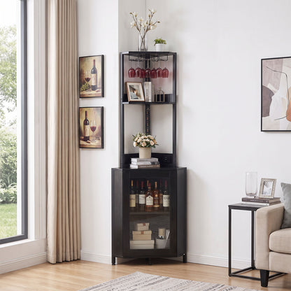 Industrial Tall Corner Bar Cabinet with Power Socket & LED Lighting