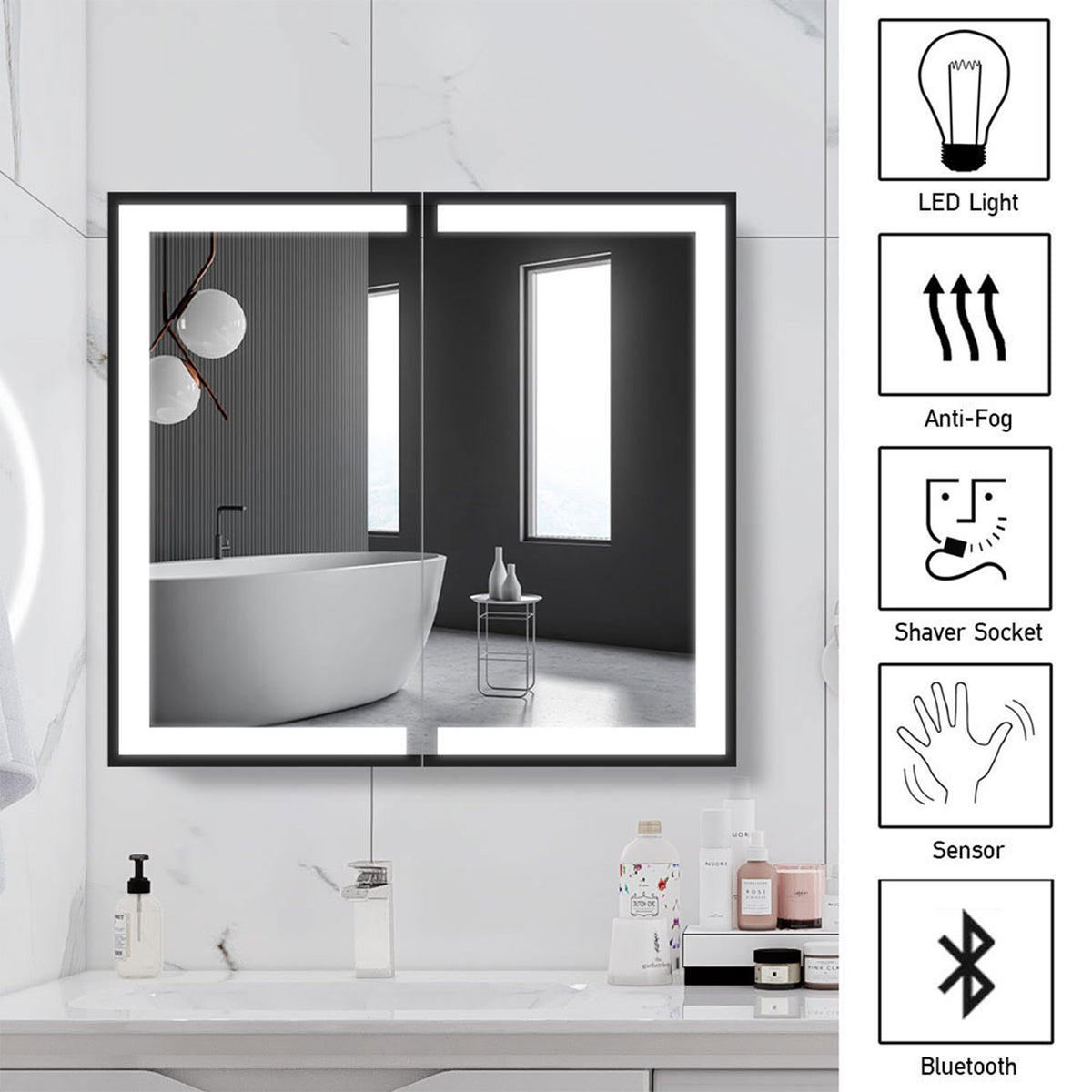 Wall-Mounted Bathroom LED Mirror Cabinet with Adjustable Shelves