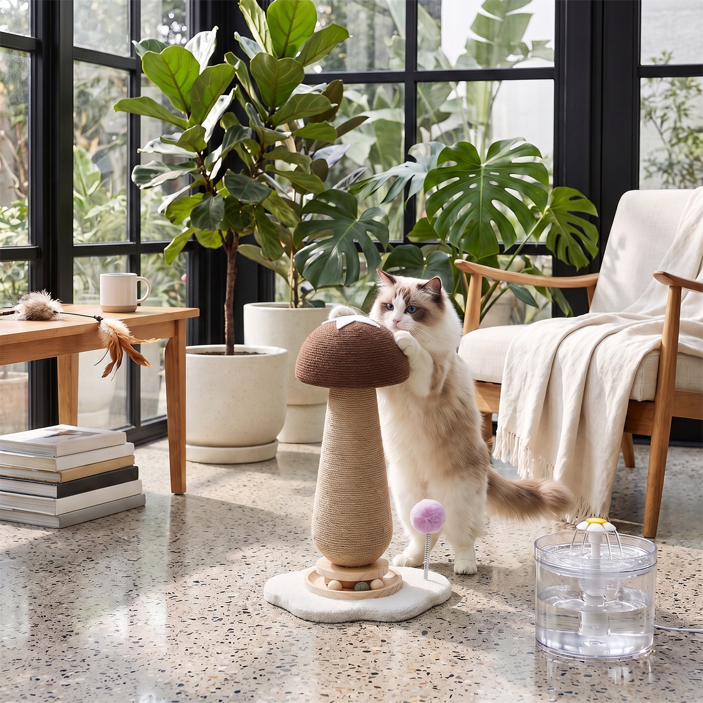 Brown Mushroom Cat Scratching Post with Turntable Toy