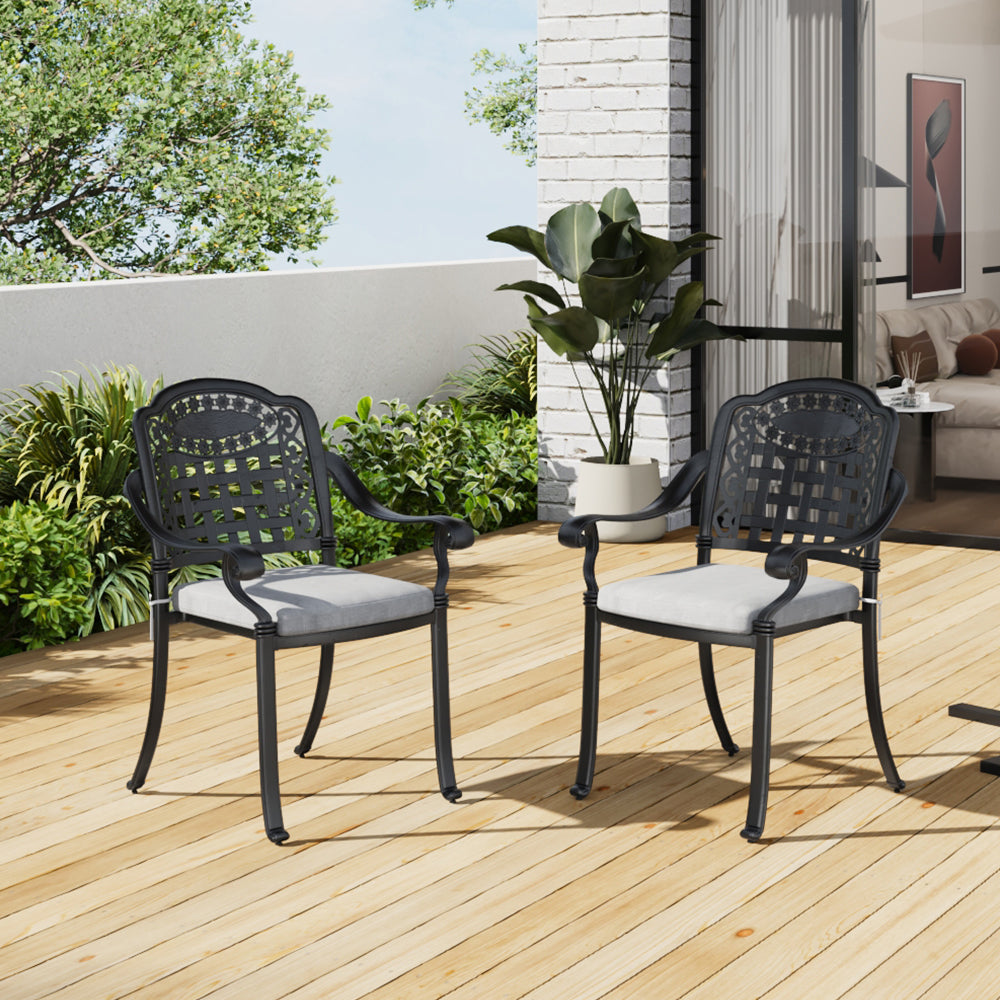 Set of 2 Outdoor Dining Chairs Cast Aluminum with Cushions