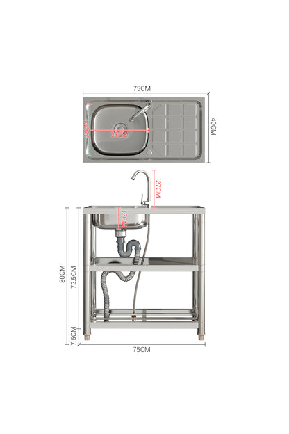 Stainless Steel One Compartment Sink with Shelves and Drainboard