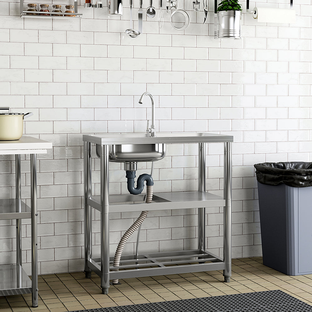Stainless Steel One Compartment Sink with Shelves and Drainboard