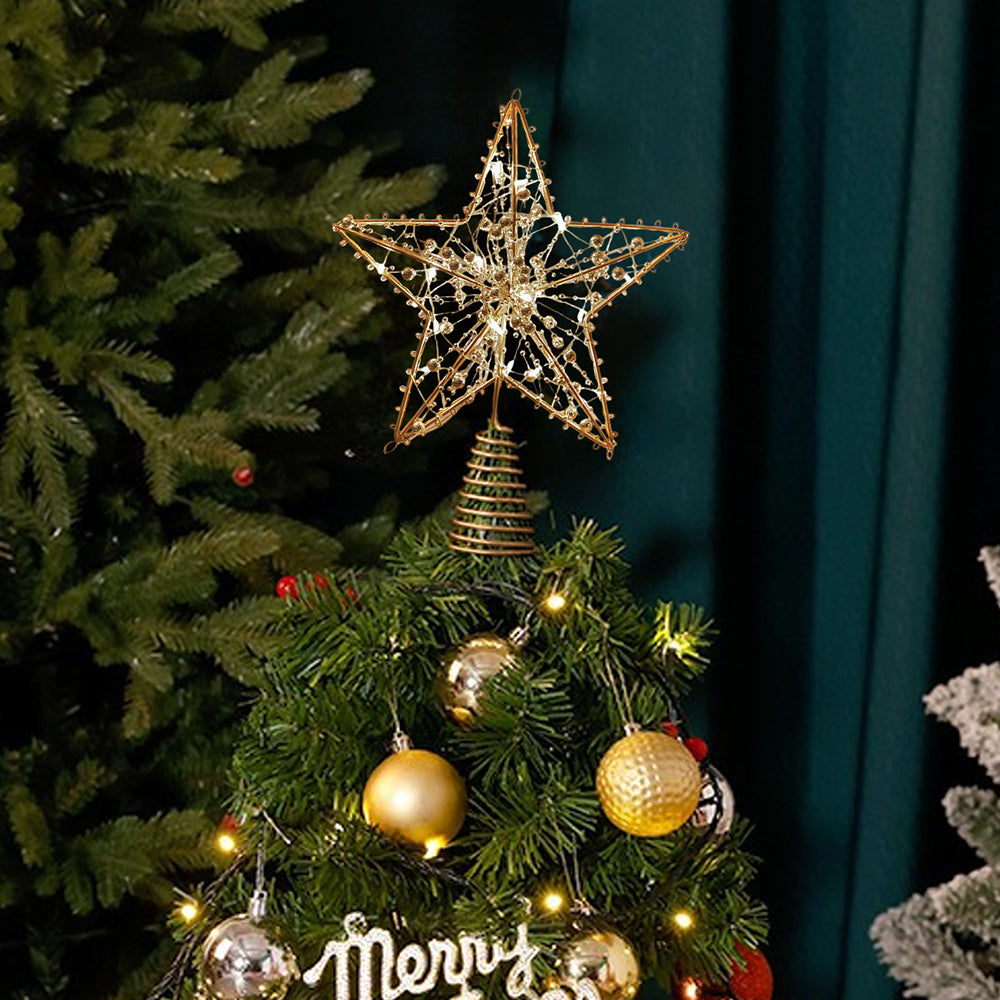 Modern Metal Pre-Lit Star Christmas Tree Topper with Beads