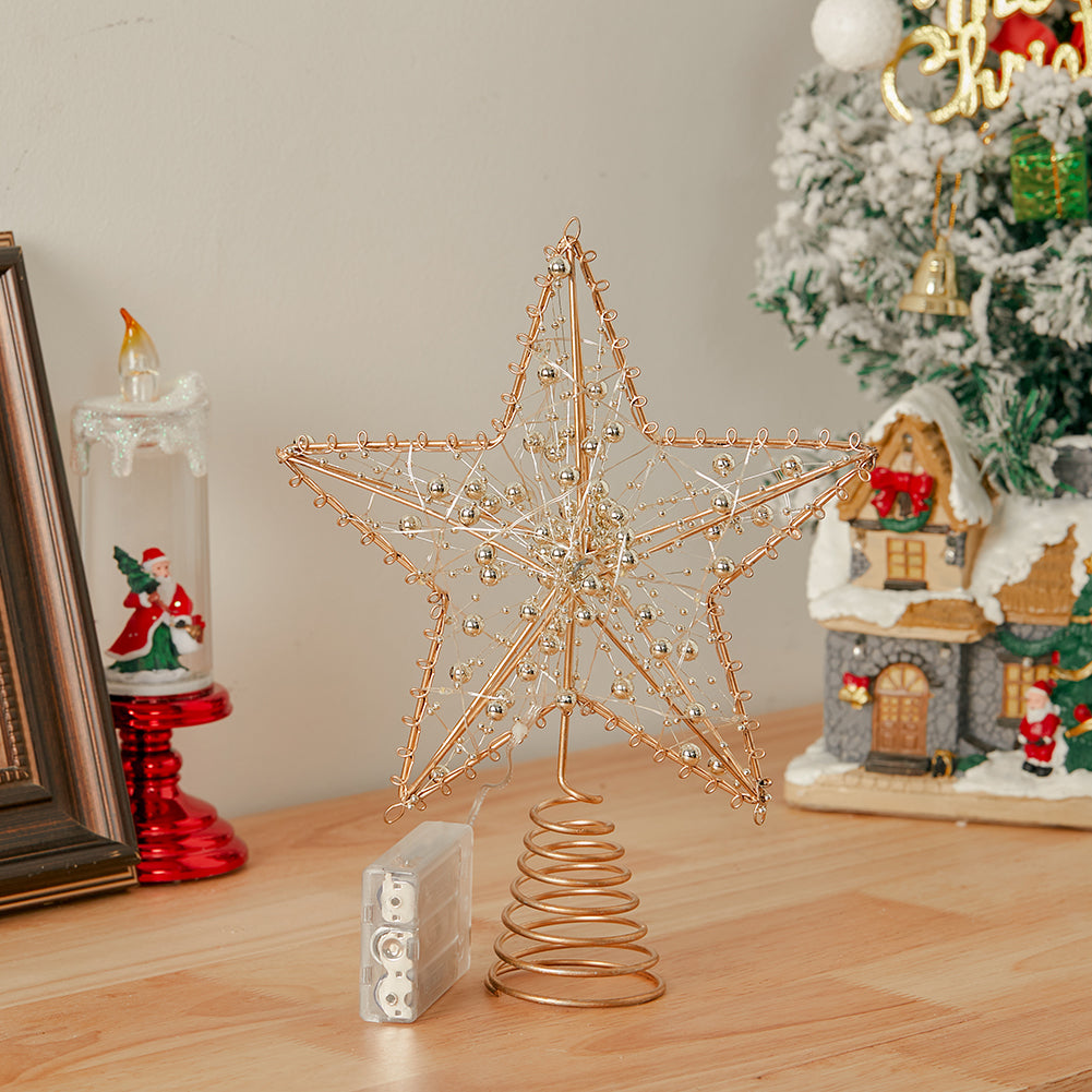 Modern Metal Pre-Lit Star Christmas Tree Topper with Beads