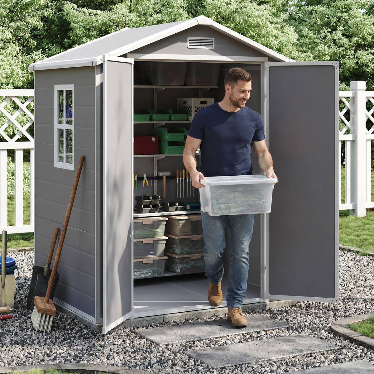 6 x 4.4 ft Plastic Garden Storage Shed with Apex Roof & Double Doors