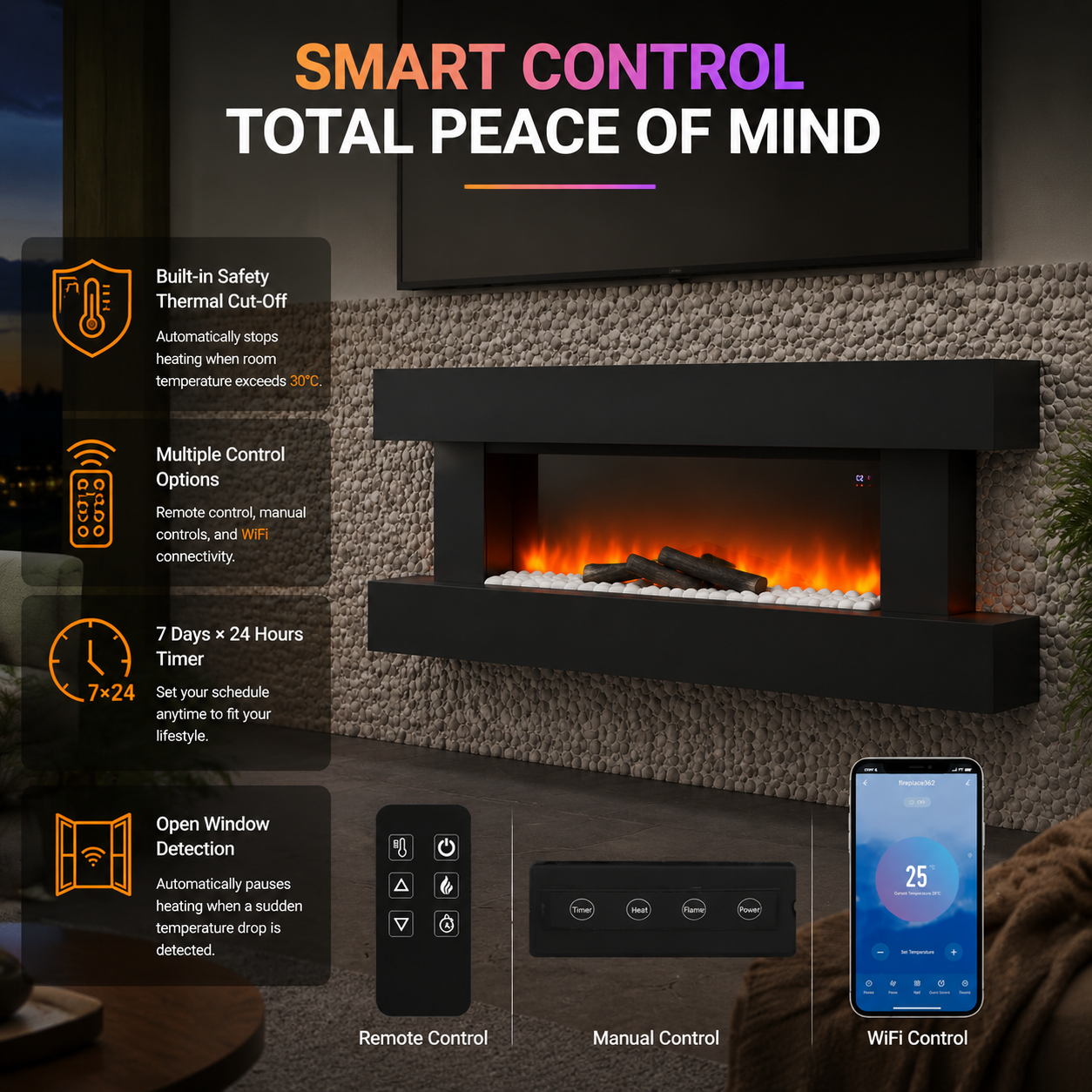 52 Inch Wall-Mounted & Freestanding Electric Fire Suite with Remote Control
