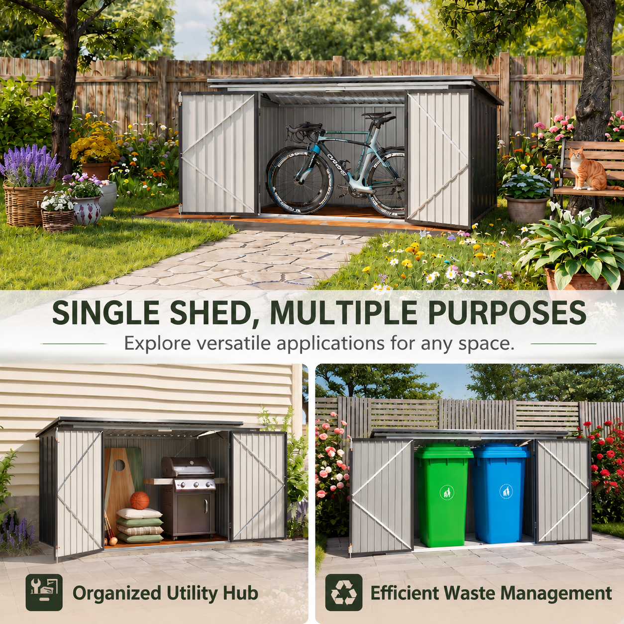 Black/Green/Grey Steel Lockable Garden Bicycle Storage Shed