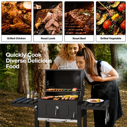 138CM Wide Charcoal BBQ Grill with Side Shelves