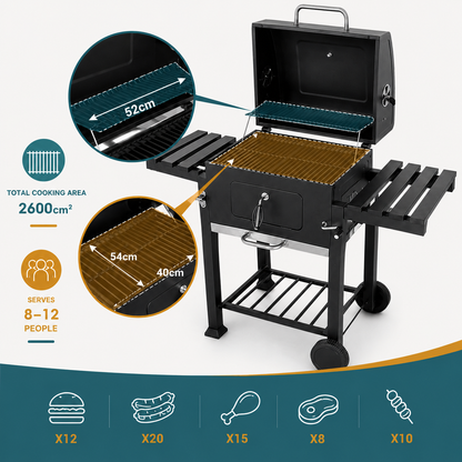 138CM Wide Charcoal BBQ Grill with Side Shelves