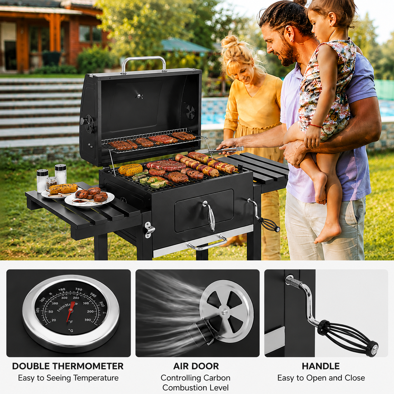 138CM Wide Charcoal BBQ Grill with Side Shelves