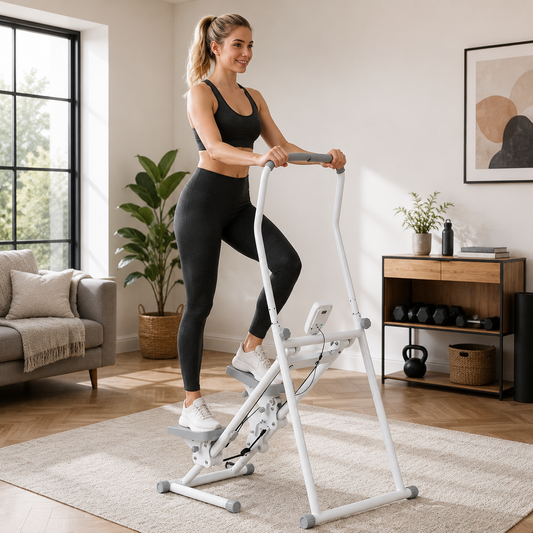 White‑Grey Step Climber Machine with Curved Grey Handrails