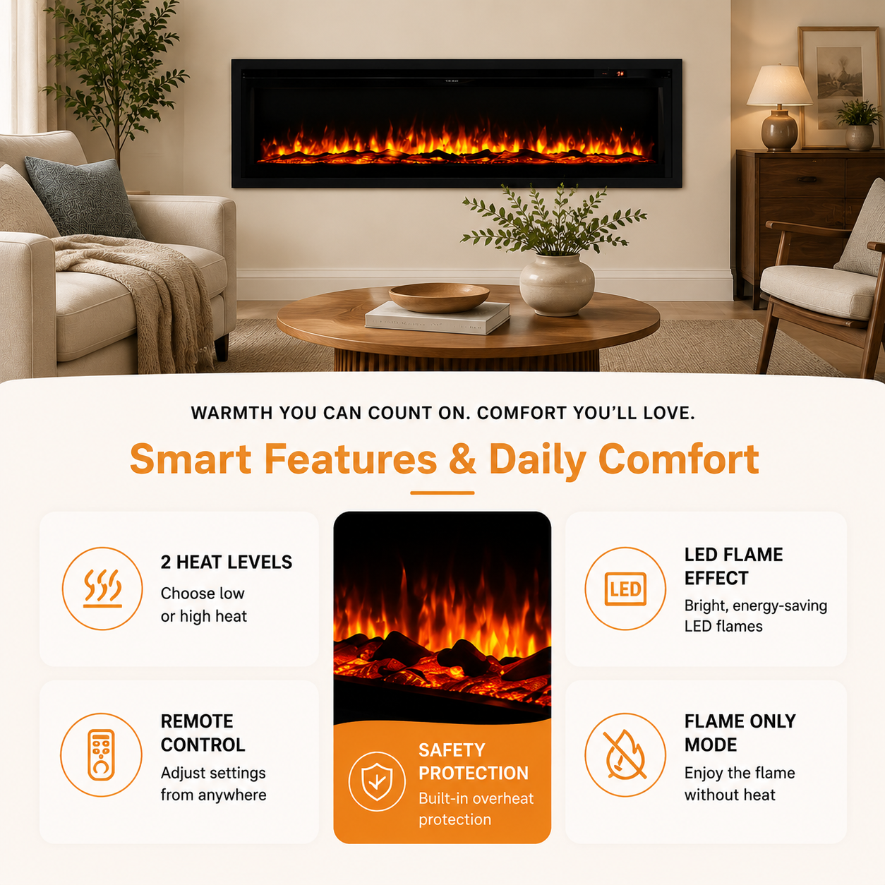 40/50/60 Inch Wall Mounted Electric LED Fireplace Fire Heater