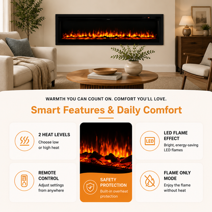 40/50/60 Inch Wall Mounted Electric LED Fireplace Fire Heater