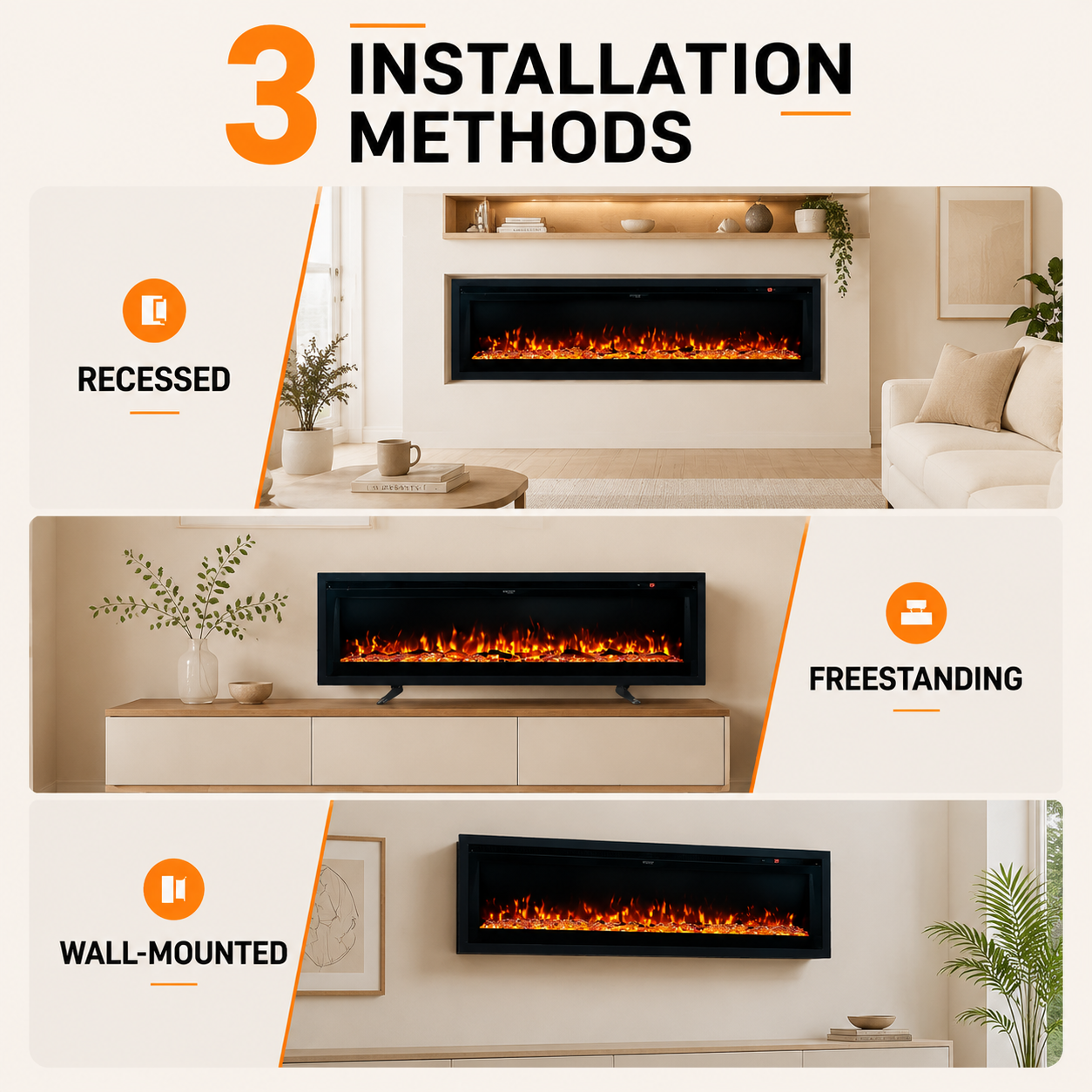 40/50/60 Inch Wall Mounted Electric LED Fireplace Fire Heater