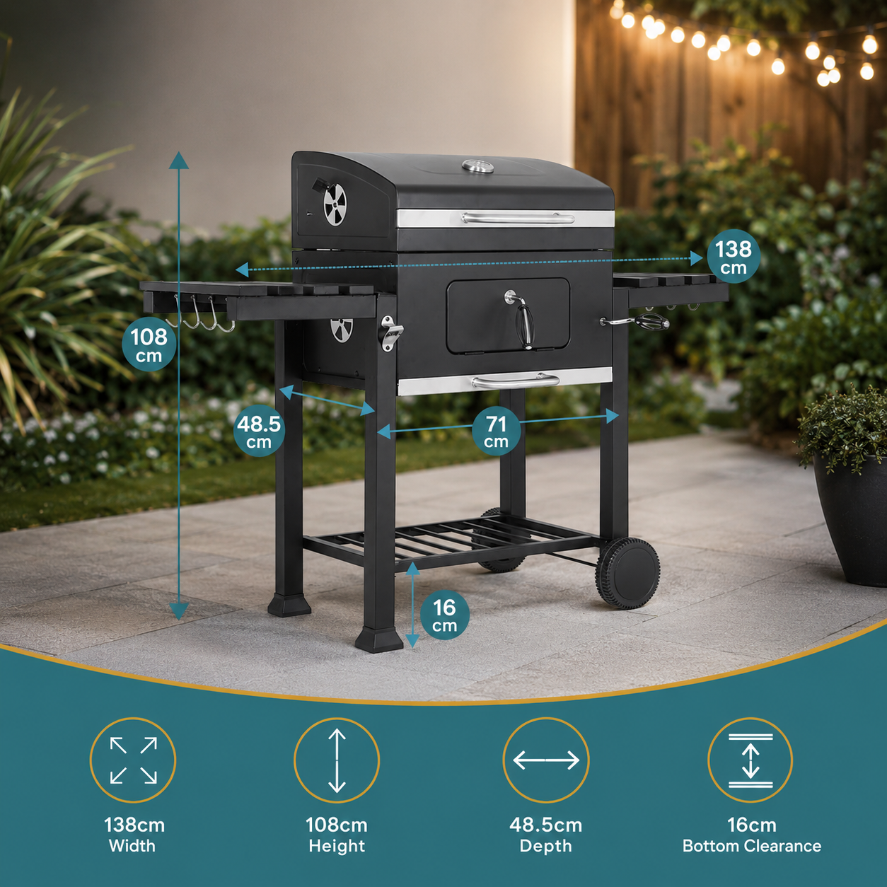138CM Wide Charcoal BBQ Grill with Side Shelves