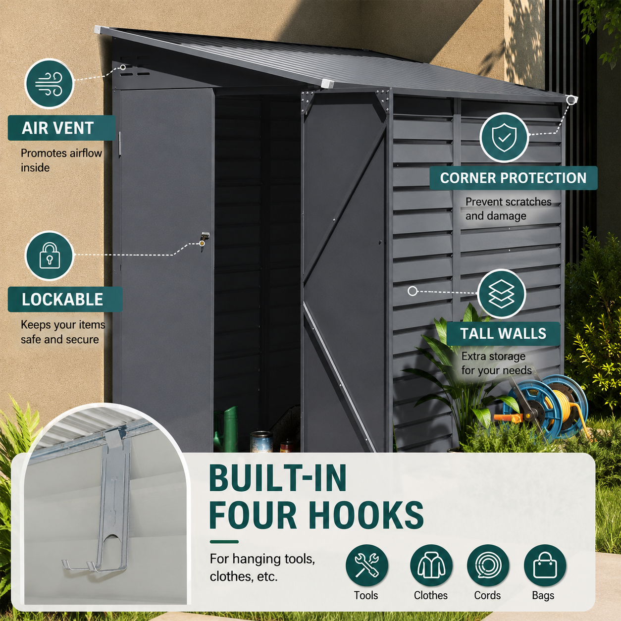 4.6x9FT Wide Outdoor Lockable Steel Storage Shed