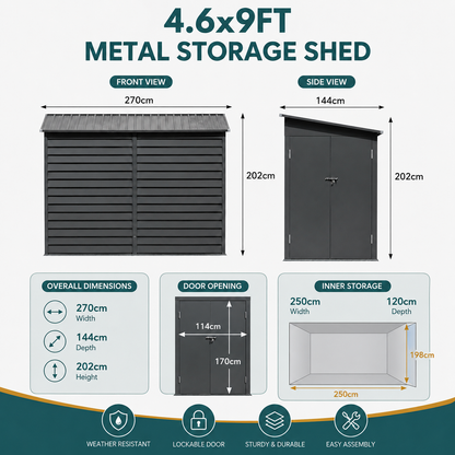 4.6x9FT Wide Outdoor Lockable Steel Storage Shed