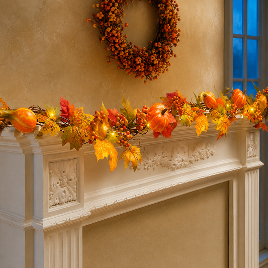 1.8M Artificial Autumn Maple Leaf Pumpkin Vine Garland With Lights