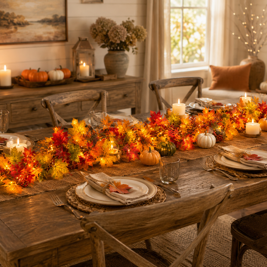 1.8M Artificial Autumn Maple Leaf Pumpkin Vine Garland With Lights