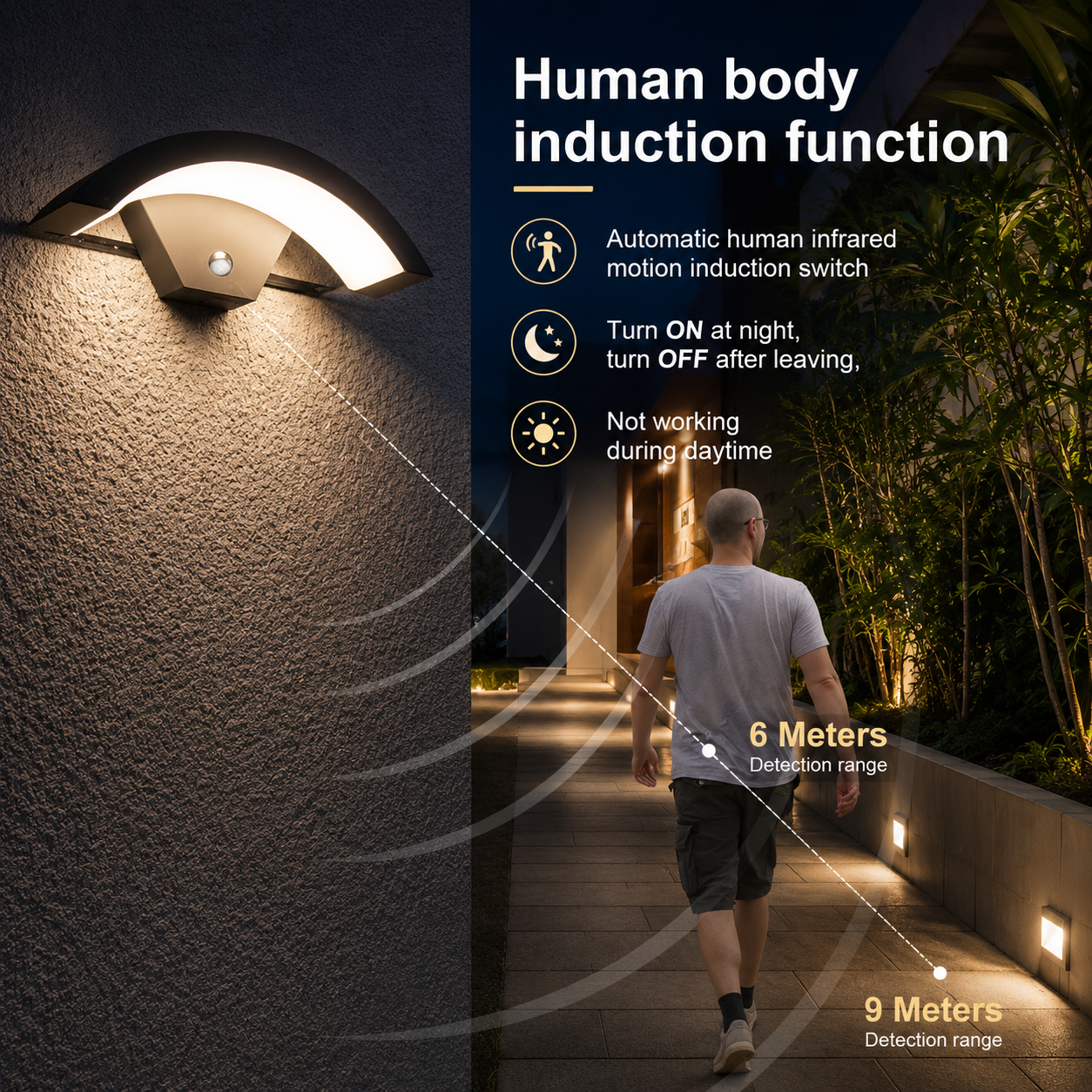 Modern Black LED Curved Induction Wall Light for Outdoor