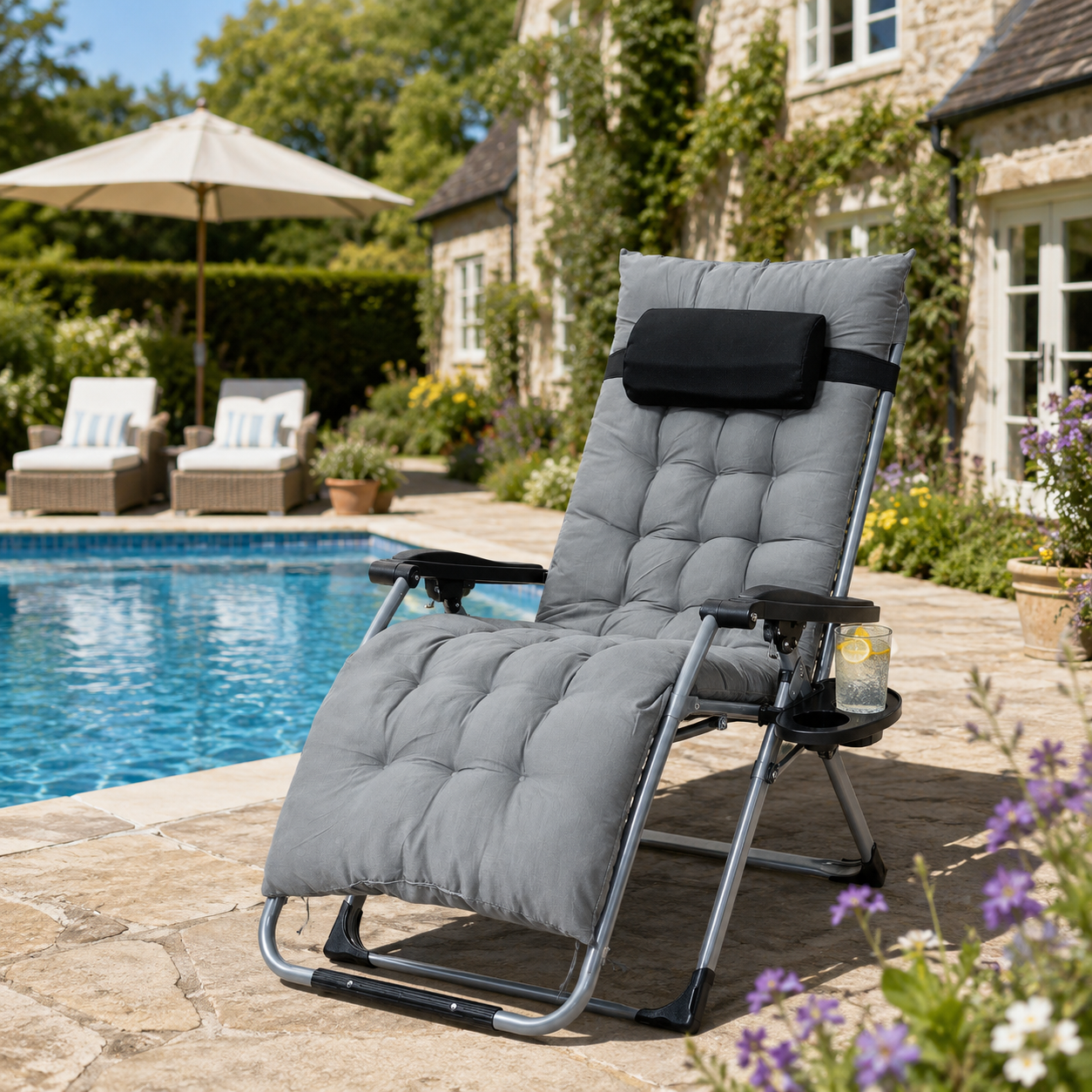 Zero Gravity Foldable Lounge Chair with Headrest & Cup Holder