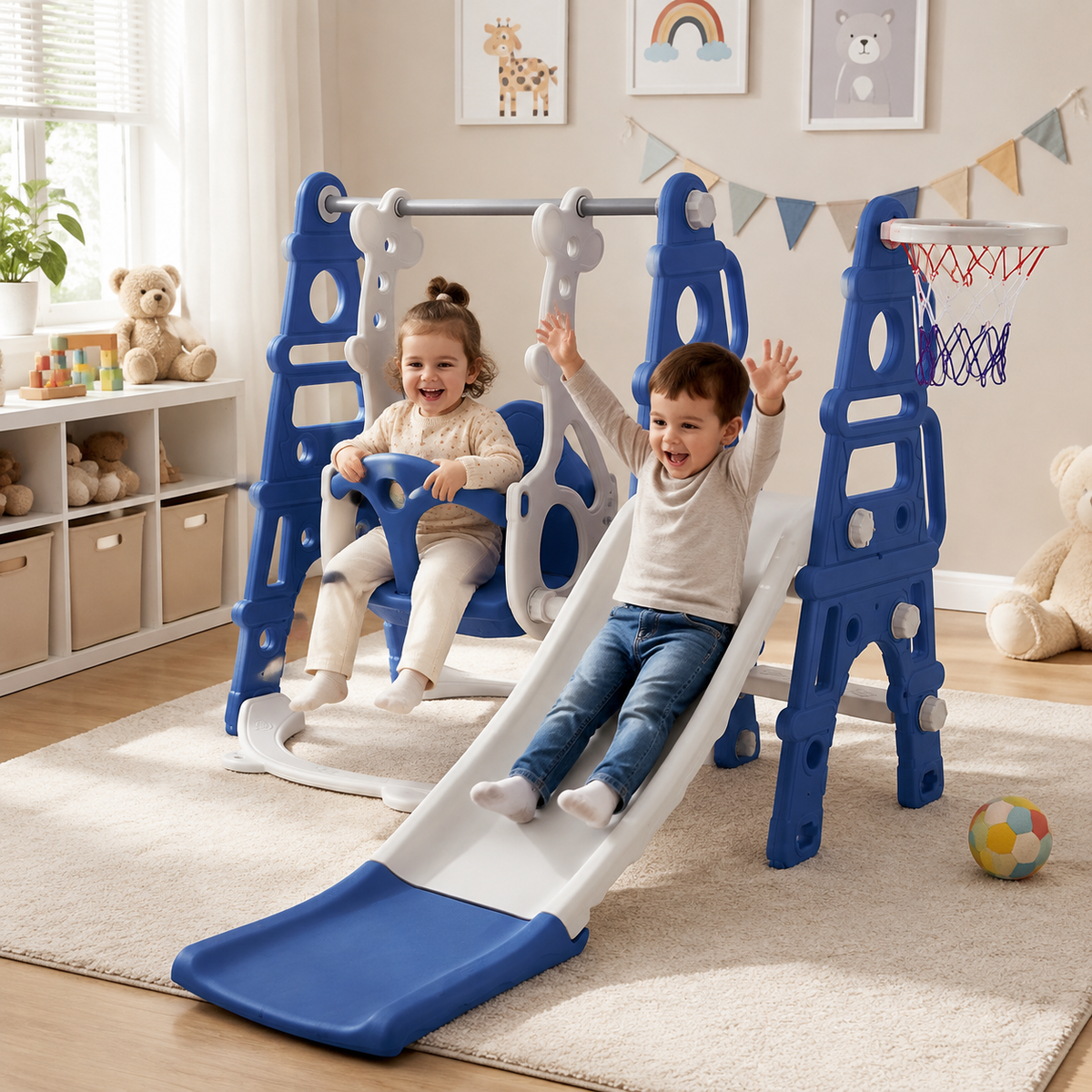 Blue/Pink Kids Toddler Swing and Slide Set with Basketball Hoop
