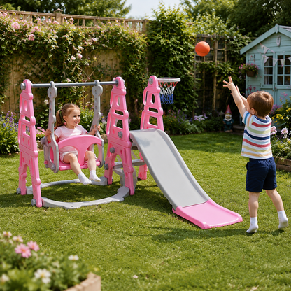 Blue/Pink Kids Toddler Swing and Slide Set with Basketball Hoop