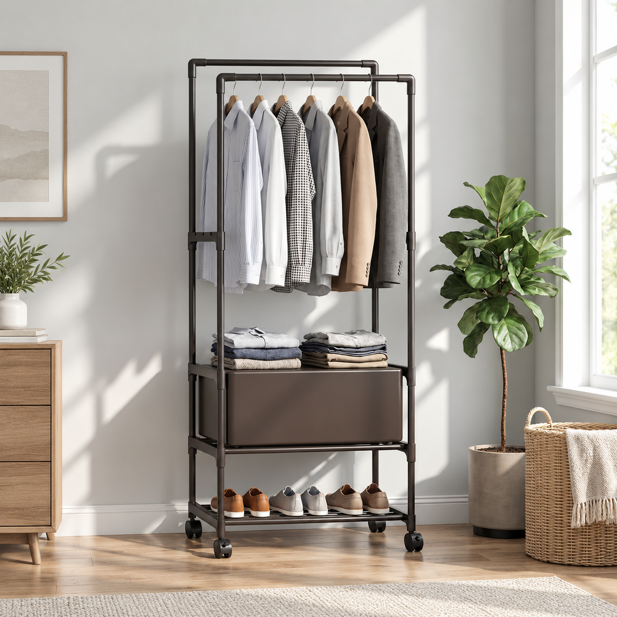 Double Rod Metal Clothes Rack on Wheels