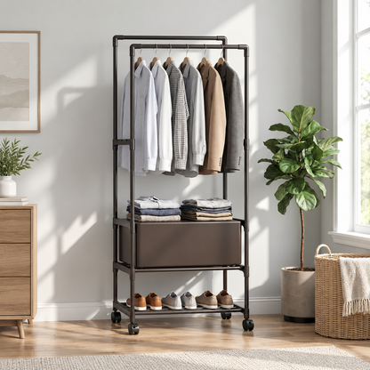 Double Rod Metal Clothes Rack on Wheels