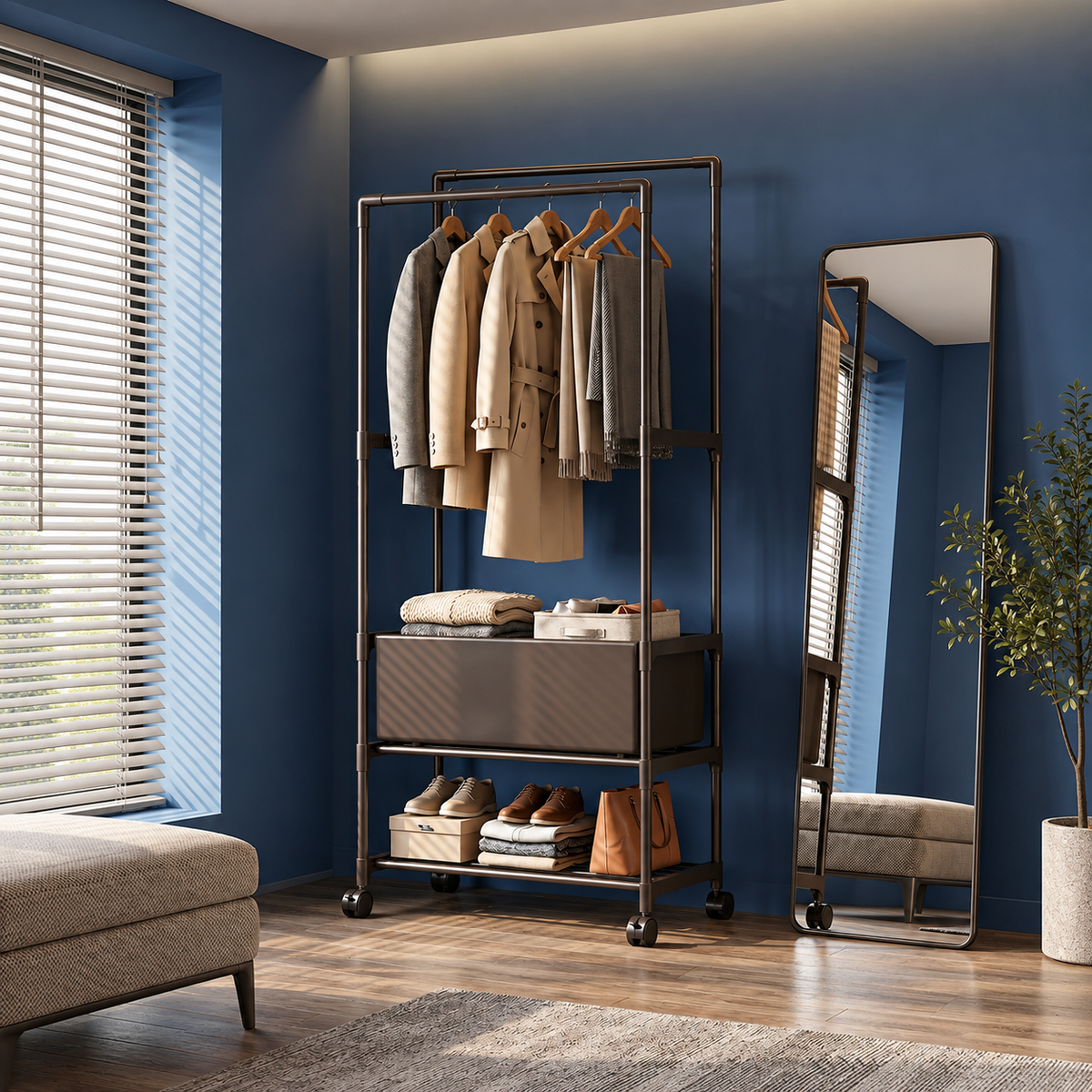 Double Rod Metal Clothes Rack on Wheels