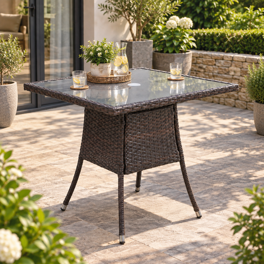 Brown Garden Tempered Glass Square Dining Table with Parasol Hole