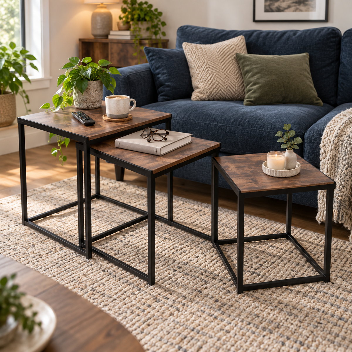 Set of 3 Industrial Square Nesting Side & Coffee Tables