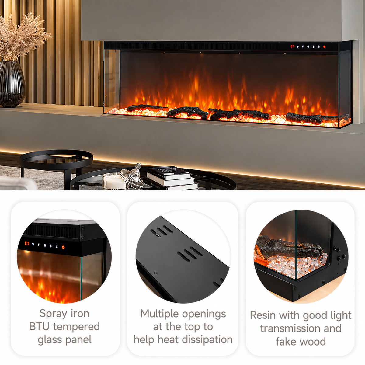 60 Inch 3-Sided Recessed or Freestanding Electric Fire