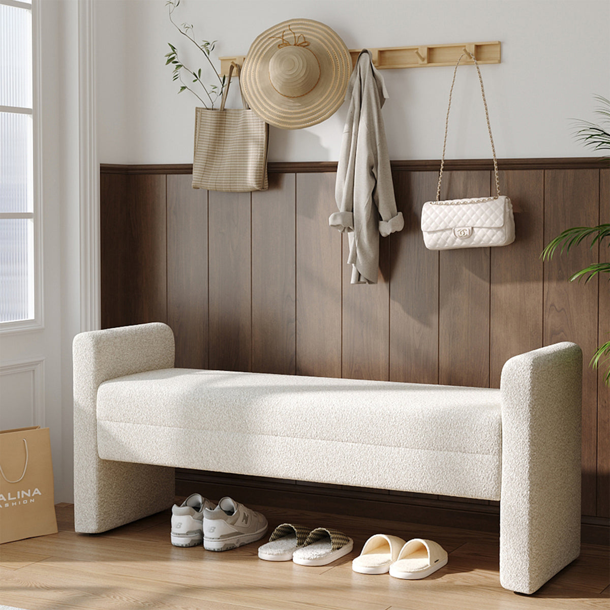 White Teddy Fleece Upholstered Bench