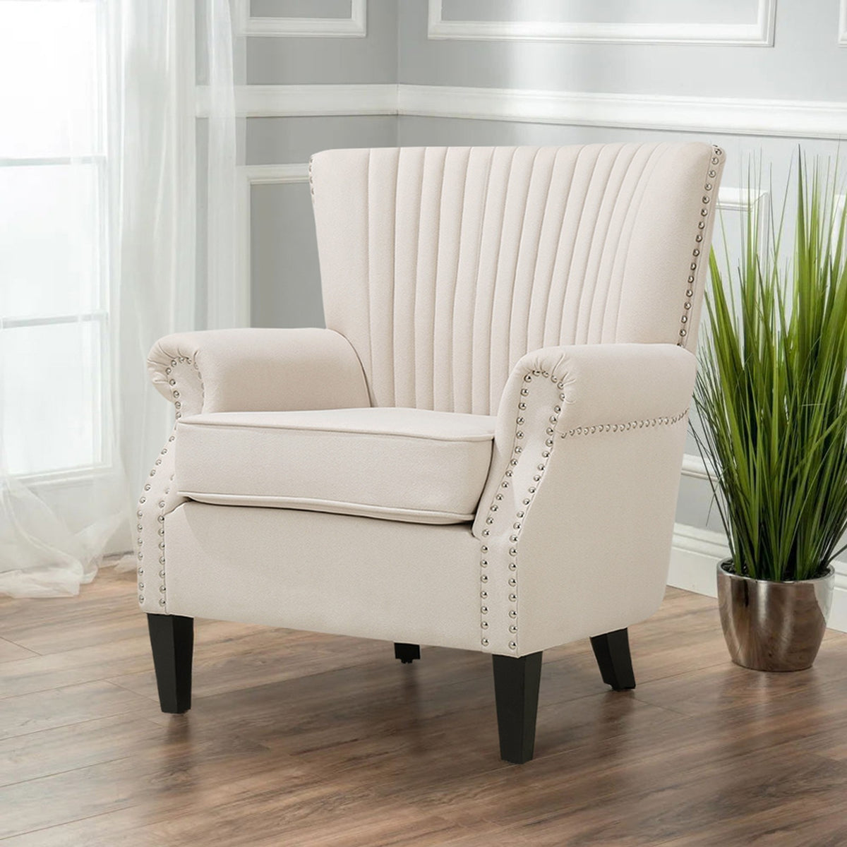 Vertical Channel Tufted Armchair with Nailhead Trim