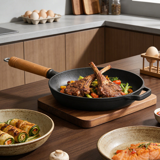 Round Cast Iron Frying Pan with Removable Wooden Handle