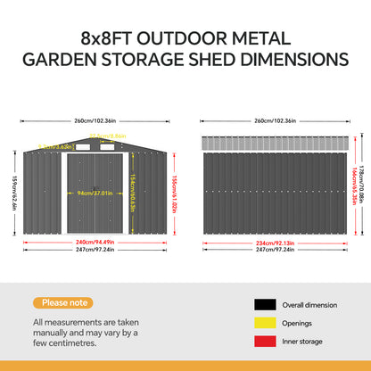 8x8 FT Large Metal Apex Roof Garden Tool Storage Shed